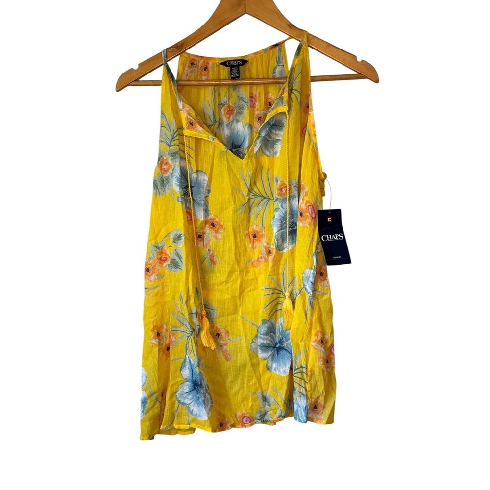 NWT Chaps Women Blouse Yellow Floral Tie V-Neck Gardencore Artsy Beachy Medium